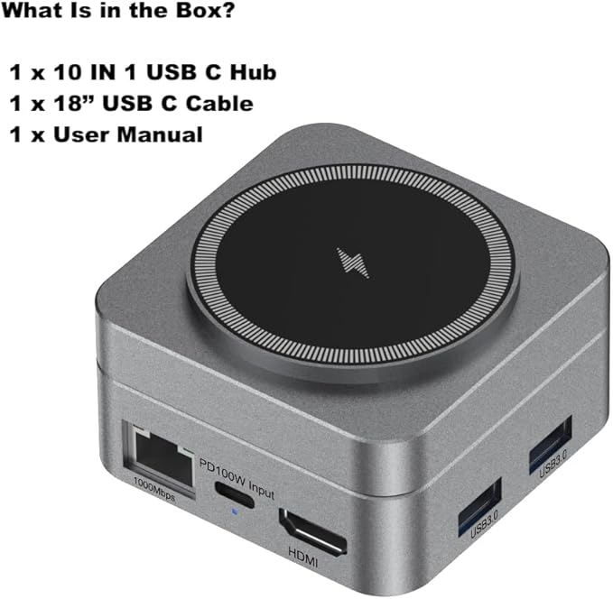 10-in-1 Portable USB-C Hub with Wireless Charger 4K HDMI Made with Aluminum Alloy Casing for Durability Compatible with Mac Windows Compact and Lightweight USB C Docking Station for Travel