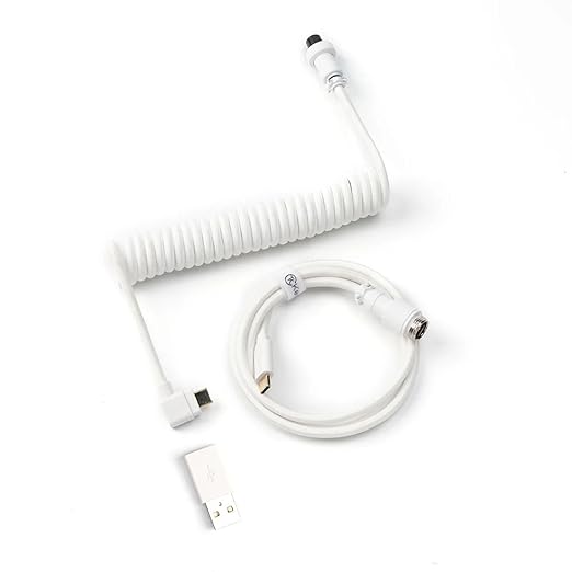 Keychron White Coiled USB-C Angled Aviator Cable for K Series (Pro/Max/HE) 5-Pin GX12 Detachable Metal Connector USB-A Adapter Durable Braided Cable for Mechanical Keyboards Charging &amp Data Sy