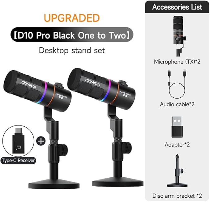 EJoy D10 PRO(D) COMBO Dual-Channel Wireless USB Gaming Microphone – RGB Dynamic Mic with Wired/Wireless Modes XLR/USB-C Real-Time Monitoring Studio Mic for Gaming Streaming Podcast Recording