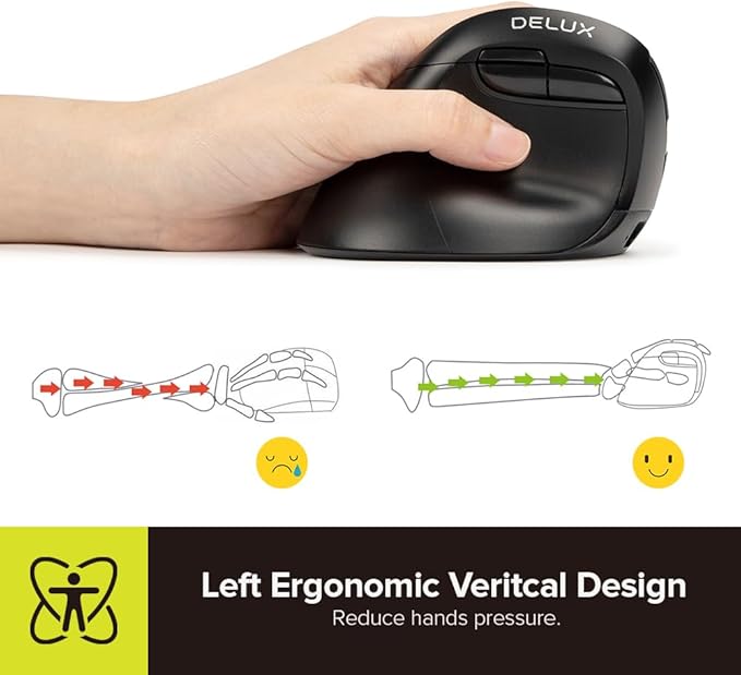 DELUX Left Handed Ergonomic Mouse Mini Wireless Vertical Mouse Silent Click Ergonomic Mouse Up to 4000 DPI 6 Buttons Rechargeable Bluetooth/2.4G/ Wired Tri-Mode for Laptop/PC (M618ZD-Black)