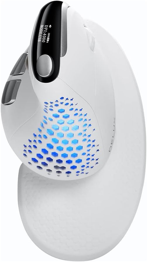 DELUX Seeker Ergonomic Mouse Wireless Vertical Mouse with OLED Screen 6 Buttons&ampThumb Wheel Function Silent Click Up to 7200DPI Programmable Rechargeable BT/2.4G/Wired RGB Light(M618XSD-Wh