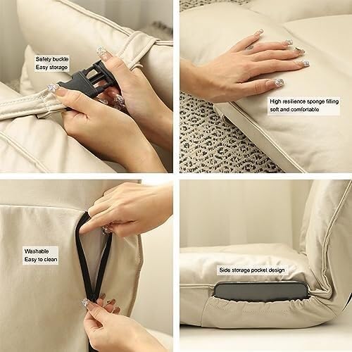 ELEFOCUS Adjustable Fully Foldable Lounge Chair with Pillow Upholstered Sofa Bed with Back Support for Balcony Living Room(Beige)