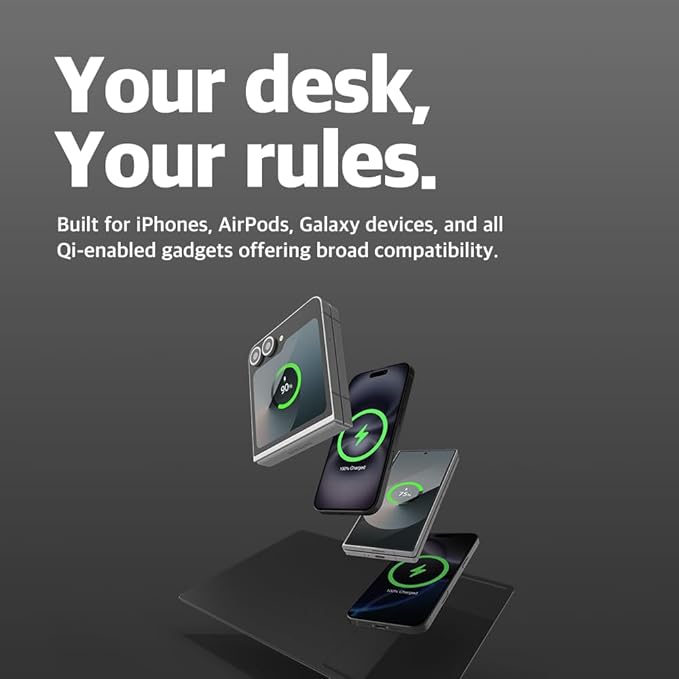 POUT H3 PRO Dual Qi Wireless Charging Mouse Pad – Dual Fast Wireless Chargers for Smartphones and Earbuds – Smooth Surface with Anti-Slip Base for Home and Office Use (Cold Black)