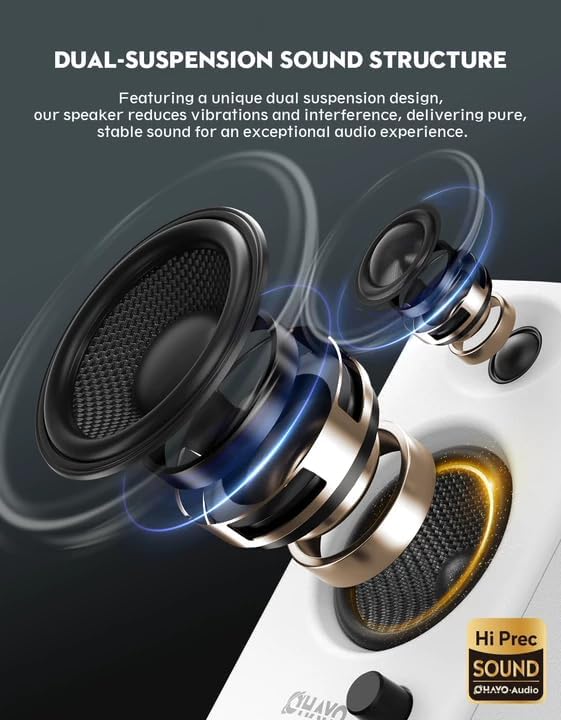 OHAYO 60W Computer Speakers for Gaming and Music Active Bluetooth 5.3 Stereo 2.0 Speakers for Desktop PC Monitor or Laptop Surround Sound Speaker 3.5 mm Aux RCA Input USB-Powered 1 Pair White