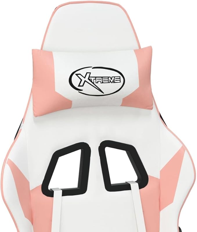 vidaXL White and Pink Gaming Chair with Adjustable Armrests Reclining Mechanism Faux Leather Design for Office Use Modern Ergonomic Footrest Included Chairs Swivel Racing Desk