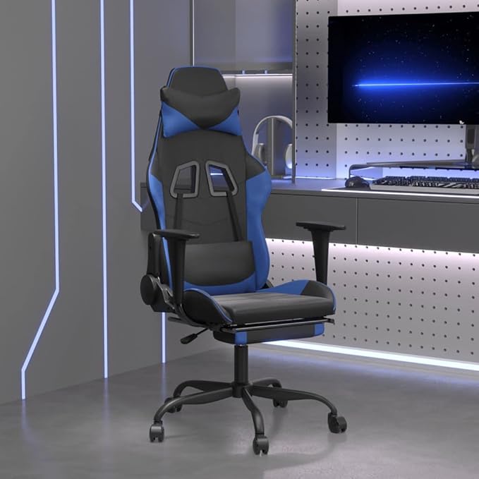 SKM Massage Gaming Chair with Footrest Black&ampBlue Faux Leather (16.4 KG/36.08 LBS)