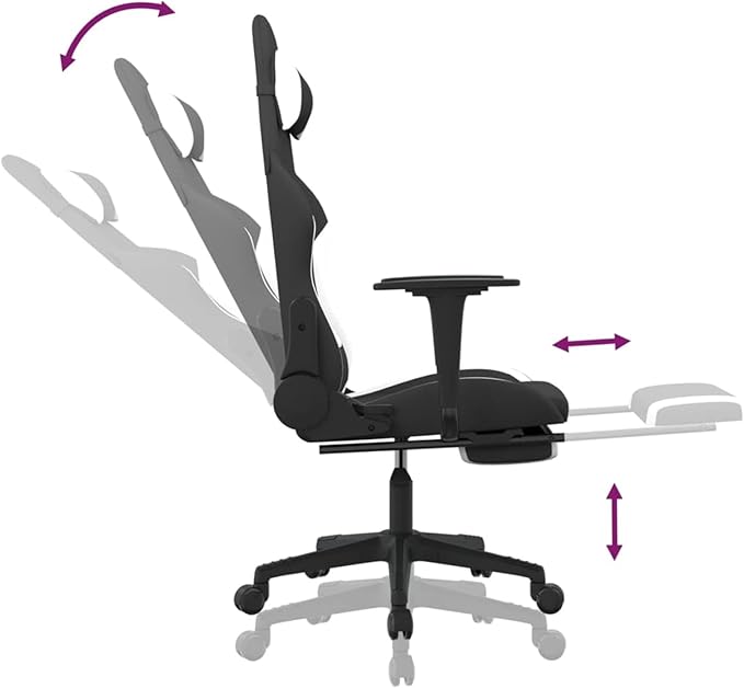 Gaming Chair with Footrest Adjustable Backrest and Height 360 Degree Swivel Design Rolling Castors Black and White Fabric Metal and Plywood Frame for Home Office or Dorm Room