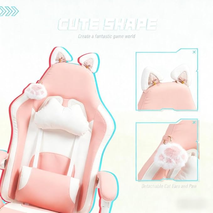 Cute Cat Ears Gaming Chair Girly Ergonomic Computer Chair with High Back 360° Swivel Office Computer Chair with Footrest and Paw Lumbar Cushion for Teens Girls Women (Pink White)