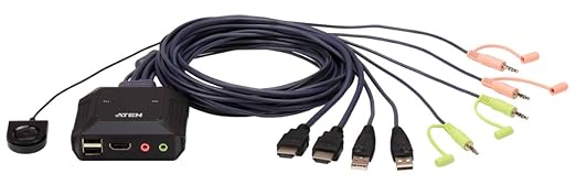 ATEN CS22H HDMI KVM Switch - 1 Monitors 2 Computers - 2-Port HDMI with Remote Selector – 4K DCI 4096x2160-60Hz 2560x1440-144Hz USB 2.0 USB Hub Plug &amp Play Compatible with Windows/Mac/Linux