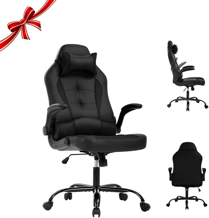 Video Gaming ChairErgonomic Computer Office Desk Chair with Comfy Lumbar Support PU Leather Recliner with Headrest Fixed Up Armrest Height Adjustable with 360° Swivel for Adults GamingBlack