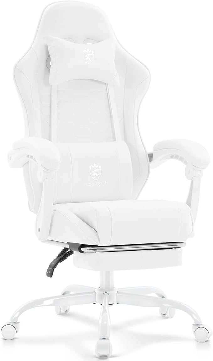 White Gaming ChairComputer Office Chair with FootrestMassage Lumbar Support and Gel PadErgonomic Reclining Adjustable Leather Gamer Chair with Headrest and Spring Cushion White