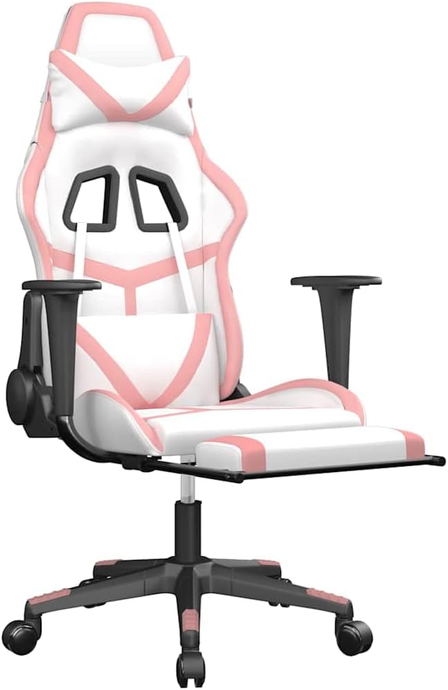 White and Pink Faux Leather Gaming Chair Ergonomic Massage Computer Desk Chair with Footrest Adjustable Armrests Reclining Backrest for Home Office 25.2 W