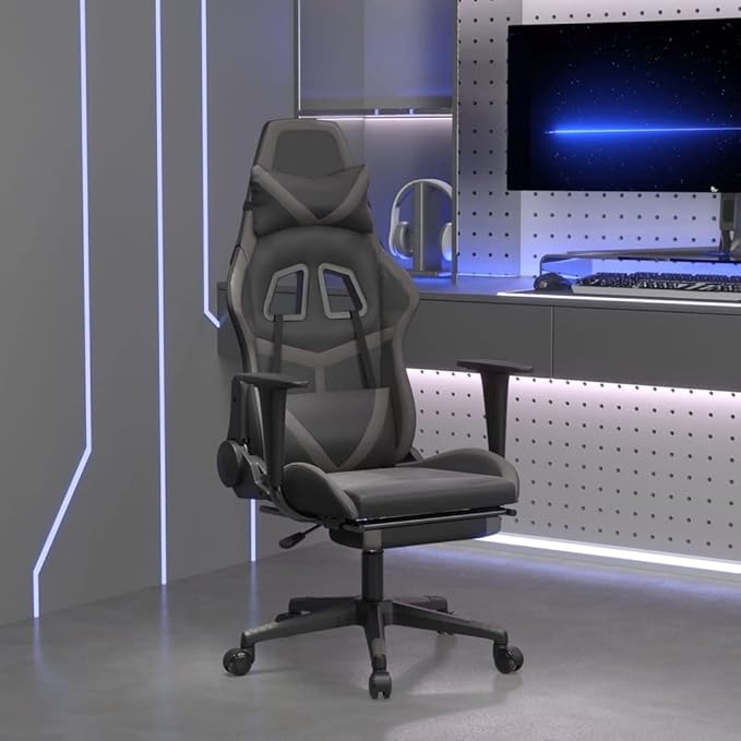 Gaming Chair Office Chair PC Chair with Footrest Black and Gray Faux LeatherHeight Adjustable Game Chair with 360°-Swivel Seat and Headrest and for Office or Gaming(Style E)
