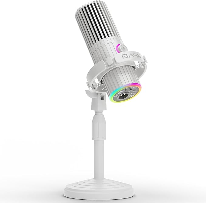 BASN USB/XLR Dynamic Microphone for Podcasting Live Streaming Gaming Recording with RGB Mute Button Headphone Monitoring and MIC Stand (White) SL2000