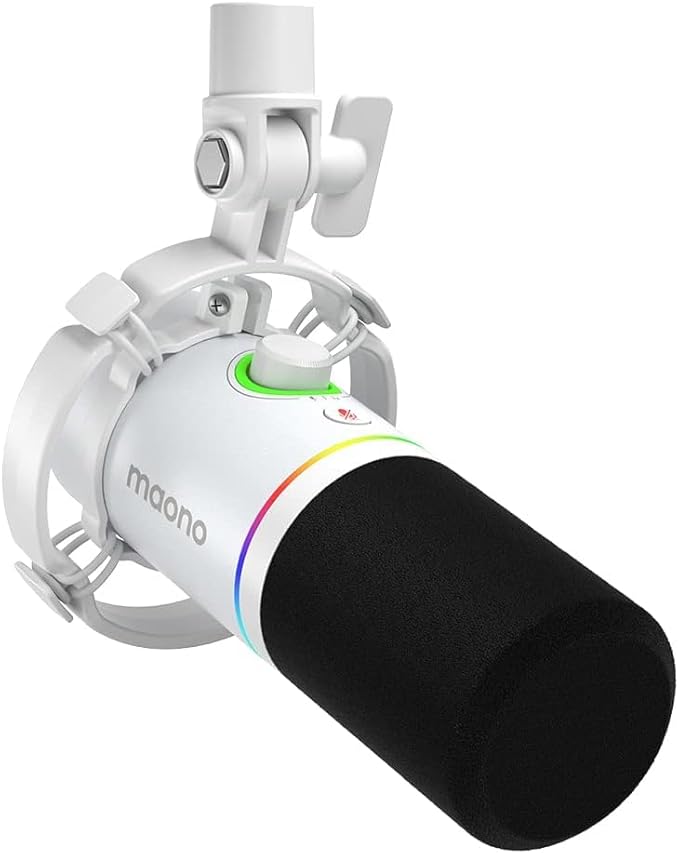 MAONO XLR/USB Dynamic Microphone RGB Gaming Mic with Software Mute Gain Knob Volume Control and Headphone Jack for Streaming Podcasting Recording-PD200X (White)
