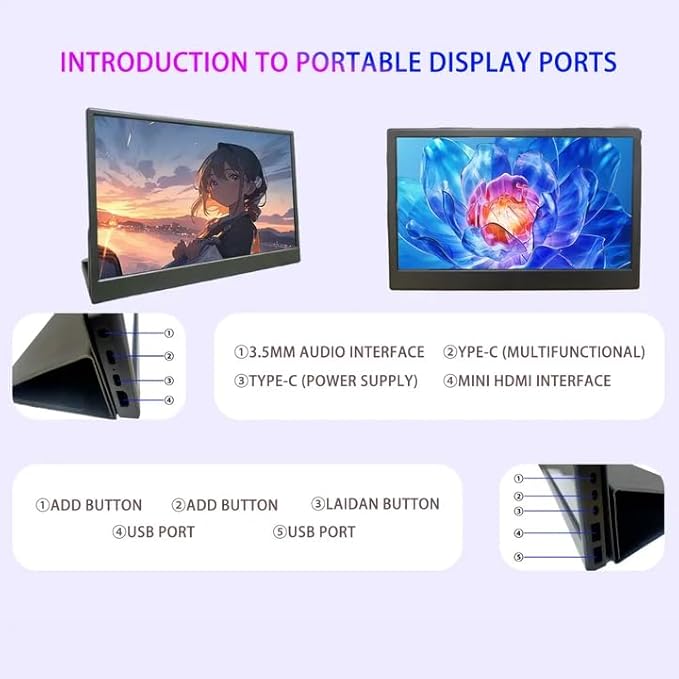 Portable Monitor 15.6'' 1920x1080 Second IPS External Monitor for Laptop 16:9 60Hz HDR Plug-Play HDMI USB-C Computer Display for Laptop PC Phone Tablet Switch