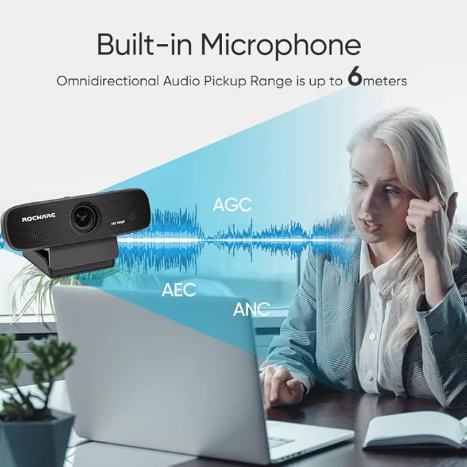 ROCWARE WebcamWebcam with Microphone Autofocus 2MP HD Web Camera RC19 Privacy CoverPlug and Play USB Computer Streaming Webcam for Laptop/Video Call/Skype/Zoom