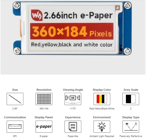 waveshare 2.66inch e-Paper Module 360x184 Pixels Red/Yellow/Black/White Four Display Colors SPI Interface Compatible with Raspberry Pi/Jetson Nano/Ardui/STM32 etc.