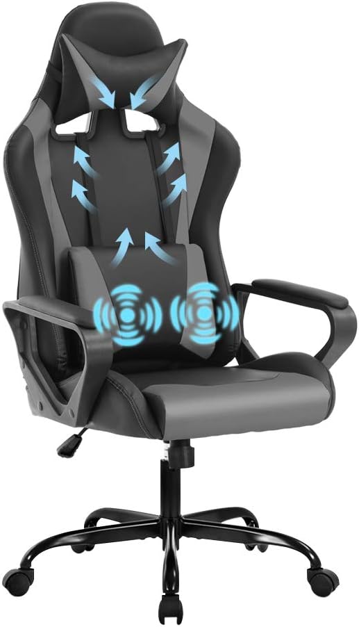 Racing Style Gaming Chair - High Back Ergonomic Executive Chair with Headrest Massage &amp Lumbar Support Grey