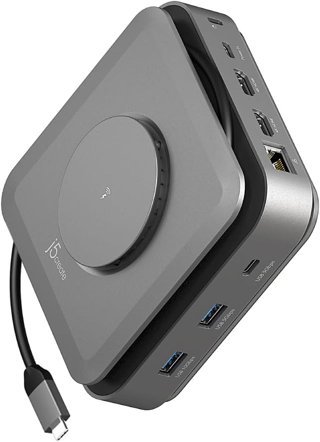 j5create USB-C Dock Dual 4K HDMI - Supports Dual Extended 4K Display for Windows and M1/M2/M3 MacBook Built-in 15W Magnetic Wireless Charger USB-A x 2 USB-C x 2 Gigabit ethernet (JCD3199)