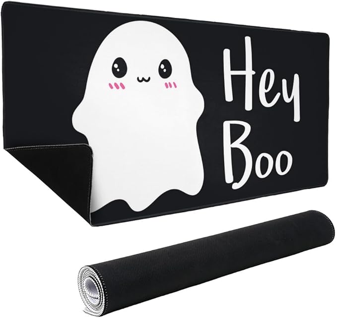 Hey Boo Cute Kawaii Ghost Large Gaming Mouse Pad Desk Mat with Stitched Edges Non-Slip Base for Gamer Home and Office