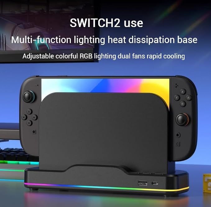 [New - 2-in-1] Cooling Base/Dust Cover for Switch 2Dual Fan Heat Dissipation Adjustable air Speed with RGB lamp USB-A 2.0 Port (Cooling Base + Dust Cover)