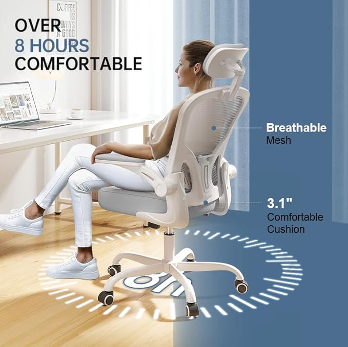 Synorla Office Chair Ergonomic Desk Chair 330LBS Capacity High Back Computer Design for Long Hours Comfort Rolling Swivel for Home Office Flip-up Armrests White+Grey