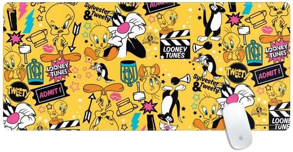 Skinit Extra Large Gaming Mouse Pad - Officially Licensed Looney Tunes Tweety and Sylvester Patches Design with Stitched Edges Waterproof Non-Slip Rubber Base Desk Mat for Keyboard &amp Mouse