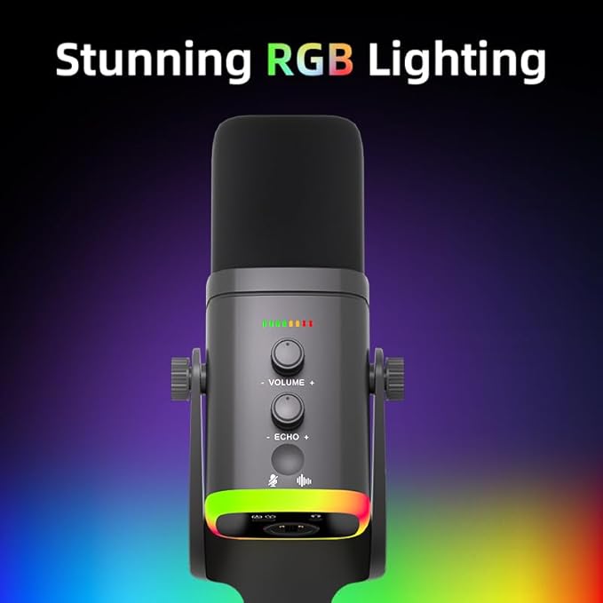 USB/XLR Desktop Dynamic Microphone with RGB Light Noise Reduction &amp Mute Button for Podcast Recording PC Computer Gaming Streaming Mic with RGB Light Mute Button Headphones Jack (Black)