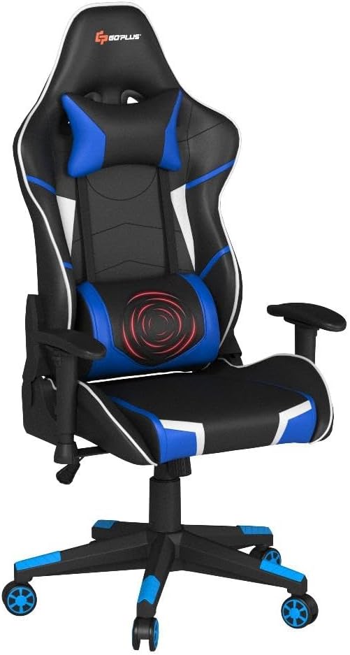 Goplus Gaming Chair - Racing Style High Back PU Leather Adjustable Arms &amp Headrest Ergonomic Reclining Game Chair with Rolling Swivel Base