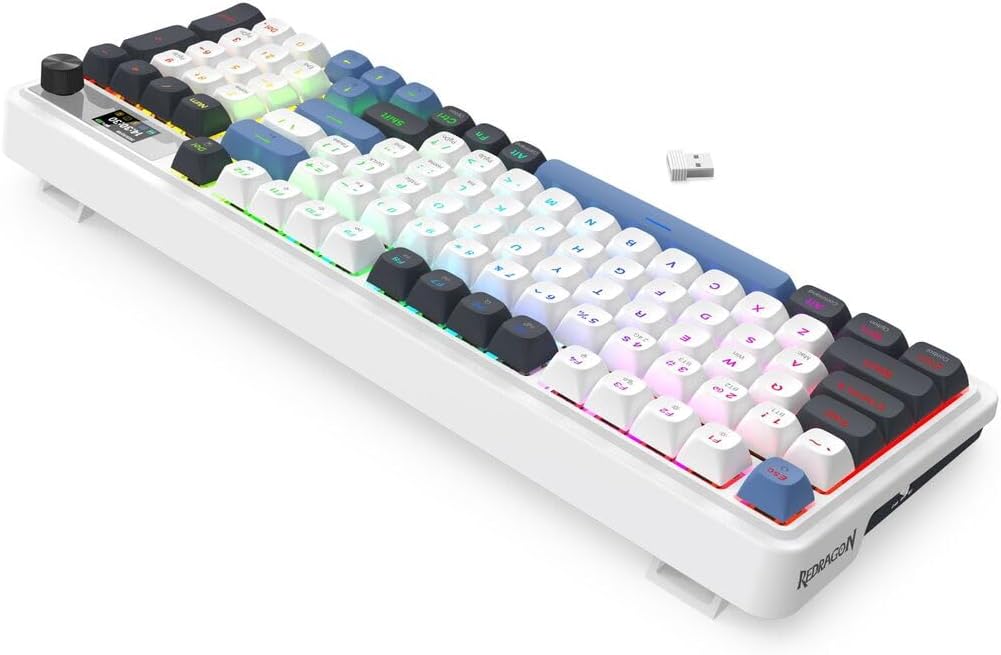 Redragon K719 Wireless Gasket Gaming Keyboard w/Hype Screen &amp Knob 95 Keys Mechanical Keyboard Easy-Control 1.14’’ TFT Info Display 5-Layer Noise Dampener Round PBT Keycaps Mint Mambo Switch