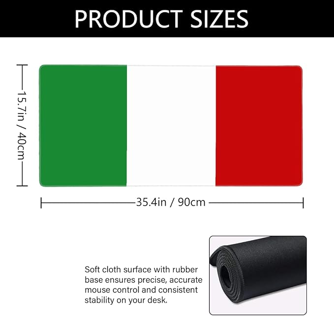Large Mouse Mat Italian Flag Design Computer Mousepad with Non-Slip Rubber Base Waterproof Mouse Pad Desktop Keyboard Pad for GamerHome School Laptop Office Accessories35.4x15.7 in