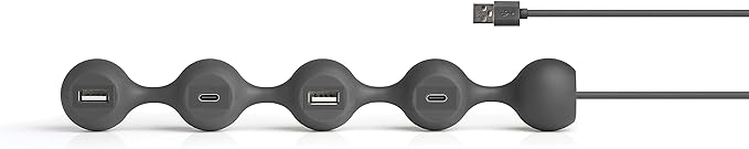 LEXON PEAS HUB 2 4-Port Hub Charge 2 x USB 2 x USB-C 2 Smartphones Simultaneously Copper Inner Cable LD143DG Dark Gray