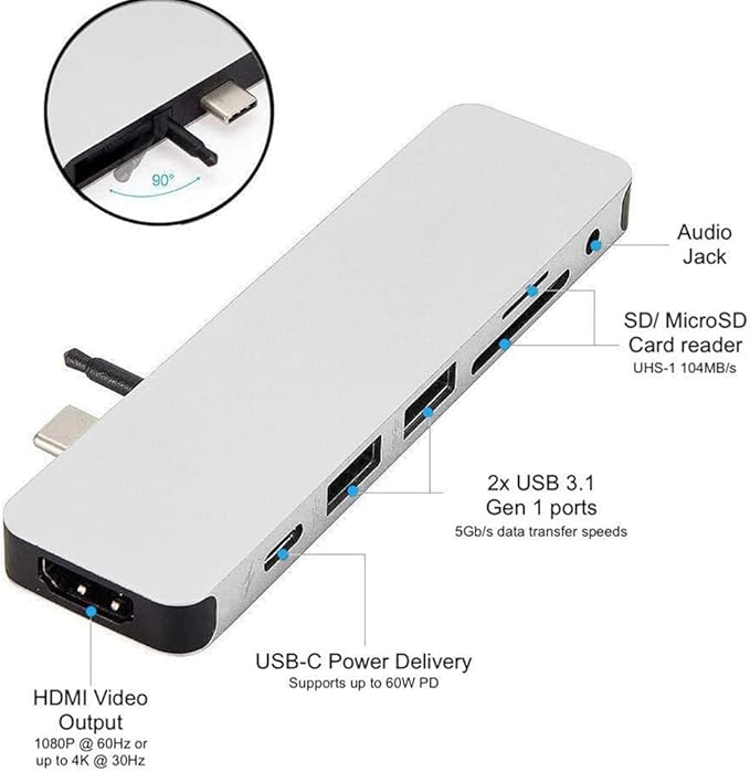 HyperDrive USB-C Hub Adapter Sanho Solo 7-in-1 Type C Dongle for MacBook Pro PC w USB-C Port: USBC 60W Power Delivery USBC 5Gbps Data 4K HDMI microSD/SD Card Reader 2xUSB 3.0 Audio Jack- Silver