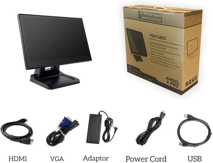 ANGEL POS 15.6 Inch 1920 x 1080 FHD IPS Touchscreen POS Monitor with Metal Stand 10 Points Touch HDMI VGA Waterproof Dustproof Screen 1080P Indusitrial Office Retail Gym Warehouse (Black)