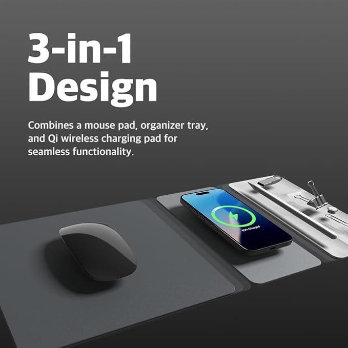 POUT H3 Split Max 3-in-1 Wireless Charging Mouse Pad – Fast Qi Charger Mousepad Mat and Magnetic Tray Organizer – Compatible with Smartphones and Earbuds (Graphite Grey)