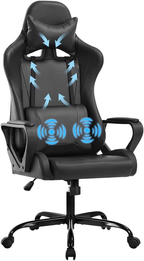 Racing Style Gaming Chair Office Chair High Back Computer Chair Leather Desk Chair Ergonomic Executive Chair Adjustable Video Game Chair Swivel Task Chair w/Headrest and Massage Lumbar Support Black