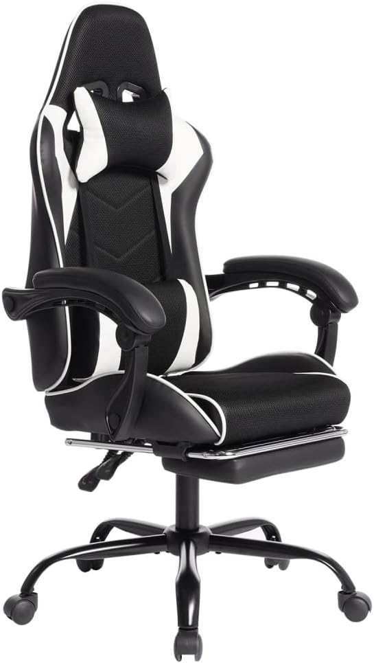 Ergonomic E-Sports Gaming Chair Racing Style Seat with PU Leather High-Density Foam Lumbar Massage and Adjustable Recliner for Office and Home Gaming White