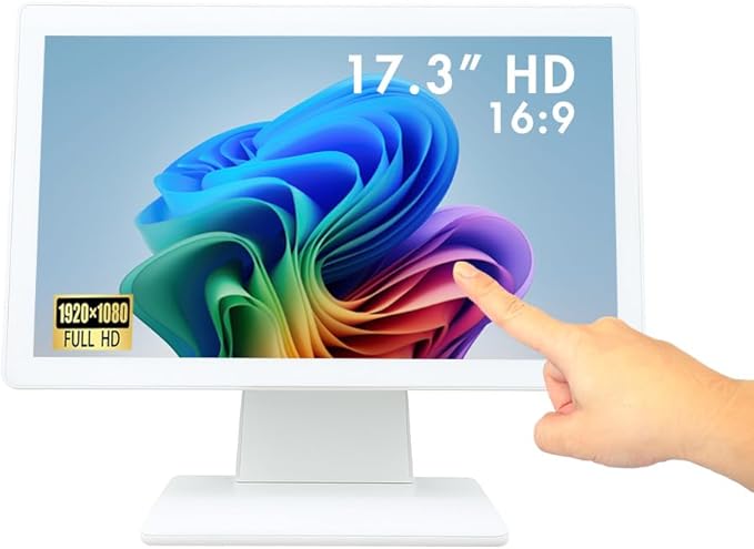 Commercial Grade 17.3 Inch 1920 x 1080 FHD Touchscreen POS Monitor 10 Points Touch HDMI VGA Waterproof Dustproof Screen Indusitrial Office Retail Gym Warehouse (White)
