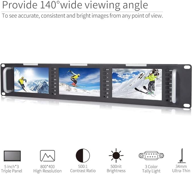 FEELWORLD T51-H Triple 5 inch 2 RU Rack Mount Monitor 800×480 Broadcast LCD Monitor with HDMI AV Input and Output