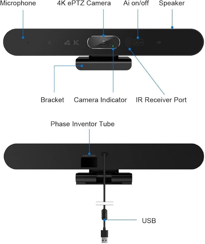 Conference Room Camera All-in-One 4K Webcam with Microphone and Speaker AI Tracking and Auto Framing Wide Angle of View Plug and Play USB Webcam for PC Mac Meetings Teams Zoom &amp Webex