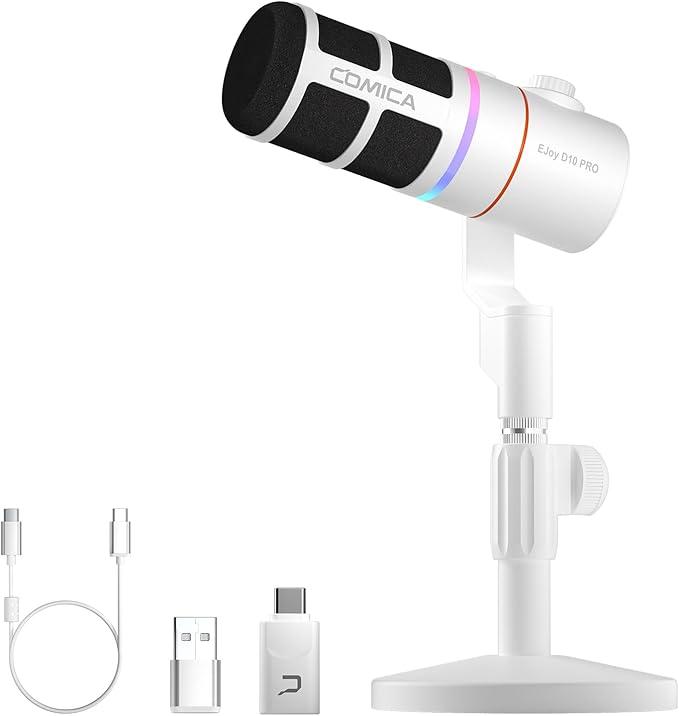 EJoy D10 PRO(D) Wireless USB Gaming Microphone – RGB Dynamic Mic with Wired/Wireless Modes XLR/USB-C Real-Time Monitoring 45H Battery Studio Mic for Gaming Streaming Podcast Recording (White)