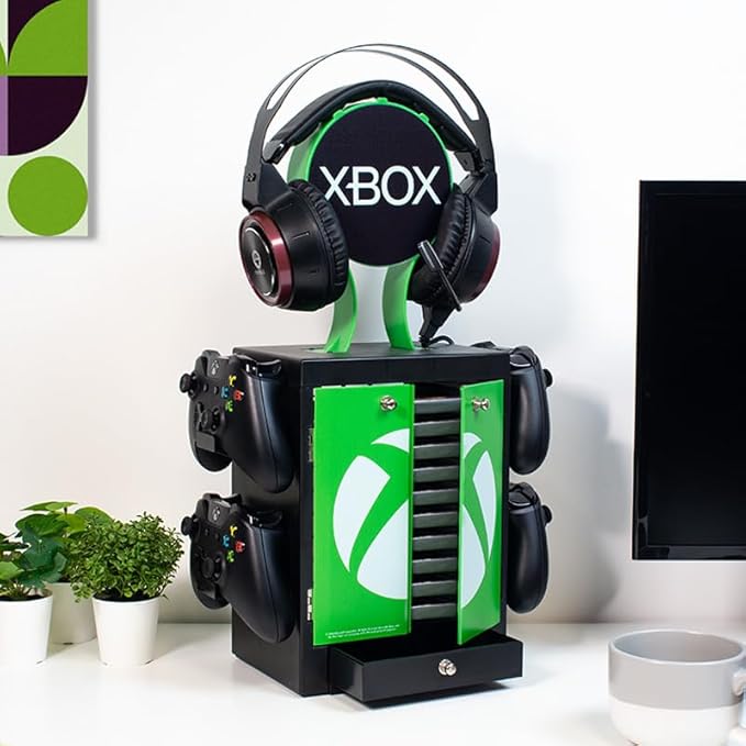 Numskull Official Xbox Gaming Accessory Locker &amp Storage Stand – Holds 10 Games/DVDs 4 Controllers Headset and Accessories – Durable &amp Compact Organizer – Official Xbox Merchandise