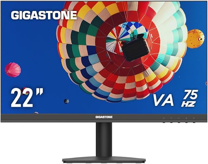 Gigastone 22 inch VA LED Back Light Monitor 75Hz FHD 1920 x 1080 1080P 178° Wide View Frameless Computer Monitor 4ms Eye Care Technology Ergonomic Tilt VESA Mount HDMI VGA