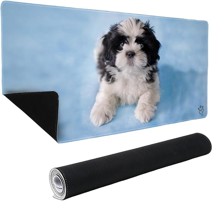 Shih Tzu Dog Black White on Blue Large Gaming Mouse Pad Desk Mat with Stitched Edges Non-Slip Base