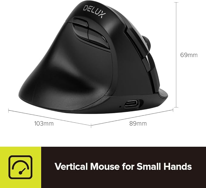 DELUX Left Handed Ergonomic Mouse Mini Wireless Vertical Mouse Silent Click Ergonomic Mouse Up to 4000 DPI 6 Buttons Rechargeable Bluetooth/2.4G/ Wired Tri-Mode for Laptop/PC (M618ZD-Black)