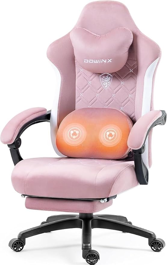 Dowinx Fabric Gaming Chair with Heated Massage Lumbar Support Gaming Chairs for Adults Big and Tall Gamer Chair with Pocket Spring Cushion and Footrest Ergonomic Recliner Computer Chair Pink