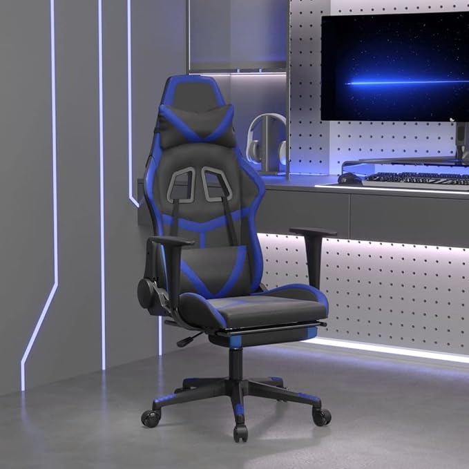 Gaming ChairAdult Office ChairErgonomic Computer Gaming Chair Suitable for Office Gaming Room Computer Room with Footrest Black and Blue Faux Leather