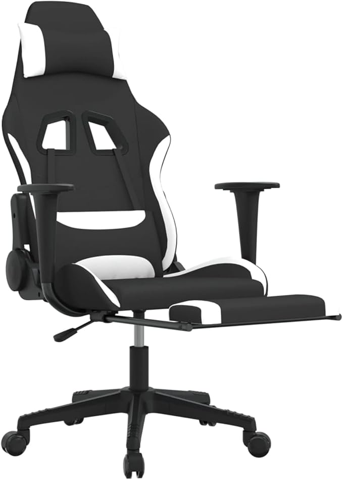 Gaming Chair with Footrest Adjustable Backrest and Height 360 Degree Swivel Design Rolling Castors Black and White Fabric Metal and Plywood Frame for Home Office or Dorm Room
