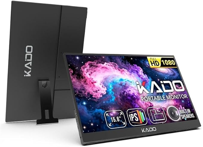 Kado Portable Monitor 15.6-Inch FHD 1080p 45W Reverse Charging 1920x1080 USB-C HDMI Gaming Monitor IPS Display Built-in Speakers Second Display Kickstand for Laptop PC Phone Mac Xbox PS4/PS5 Switch